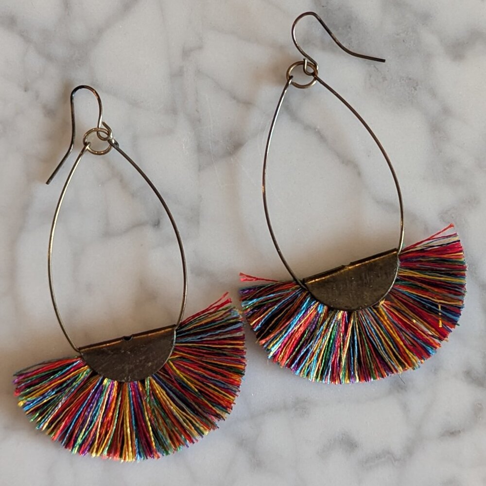 Glitter Stone & Multicolor Fringe Earrings - Picture 3 of 7